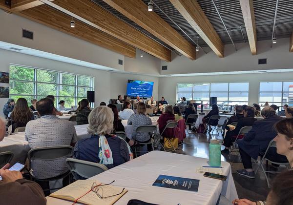 Room of attendees during a panel discussion at the seaweed summit