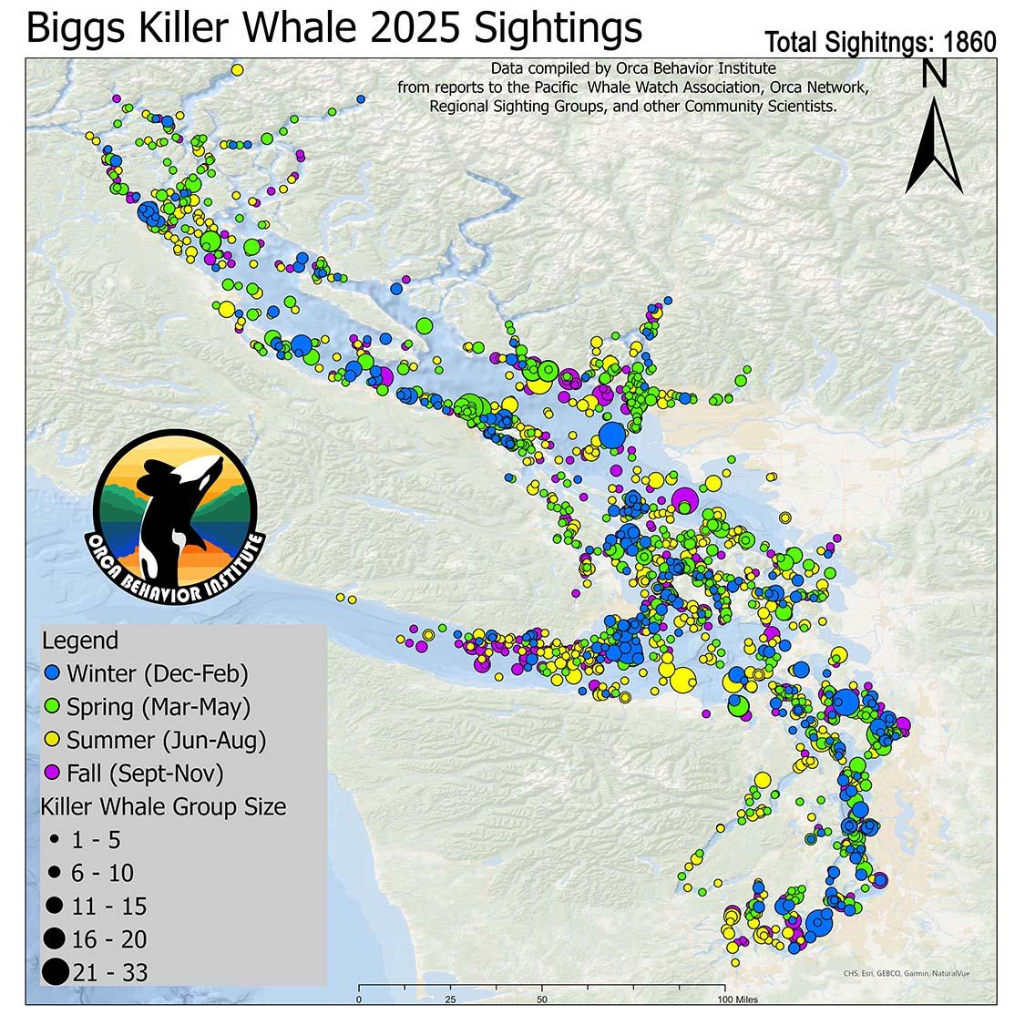 Map showing many Bigg's Whale sightings around Vancouver Island in 2025, including in and around Baynes Sound.