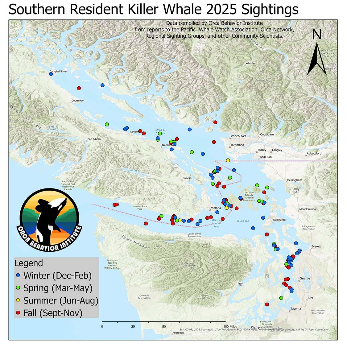 Map showing Southern Resident Whale sightings around Vancouver Island in 2025.