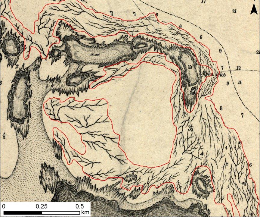 An example of a British chart from the 1850s showing the drawing of kelp blades to indicate kelp beds