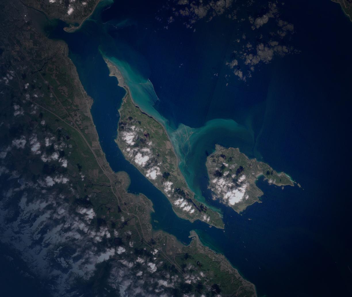 Satellite imagery showing the light blue waters of the herring spawn around Baynes Sound and Denman Island.