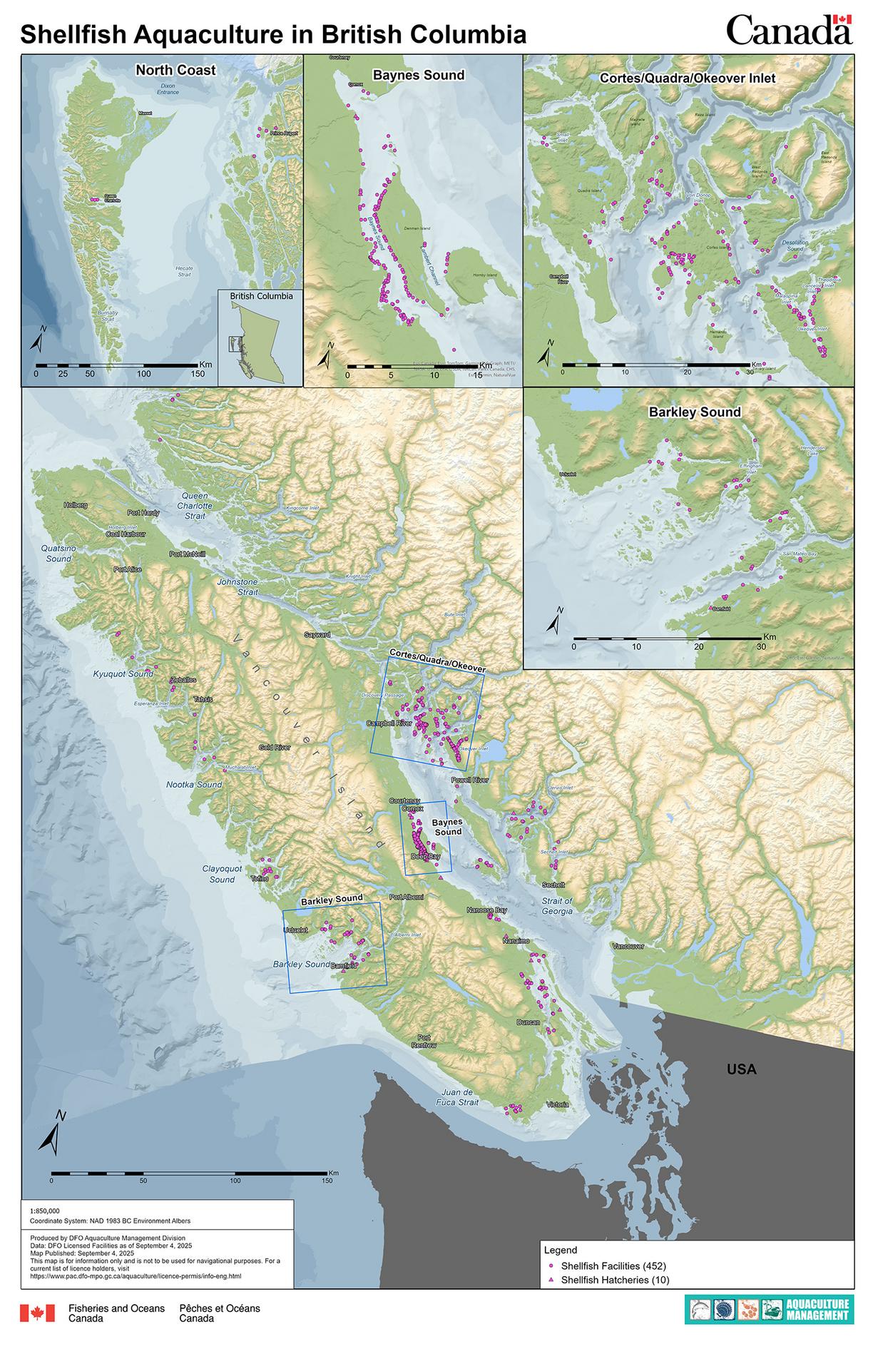 Map showing shellfish farm locations along the BC coast.