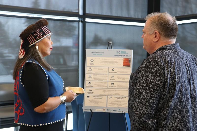 A man and a woman discussing a business plan poster